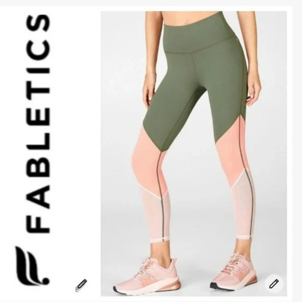 Fabletics High Waisted 7/8 PowerHold Leggings Green/Pink/ Mesh Colorblock Sz M?